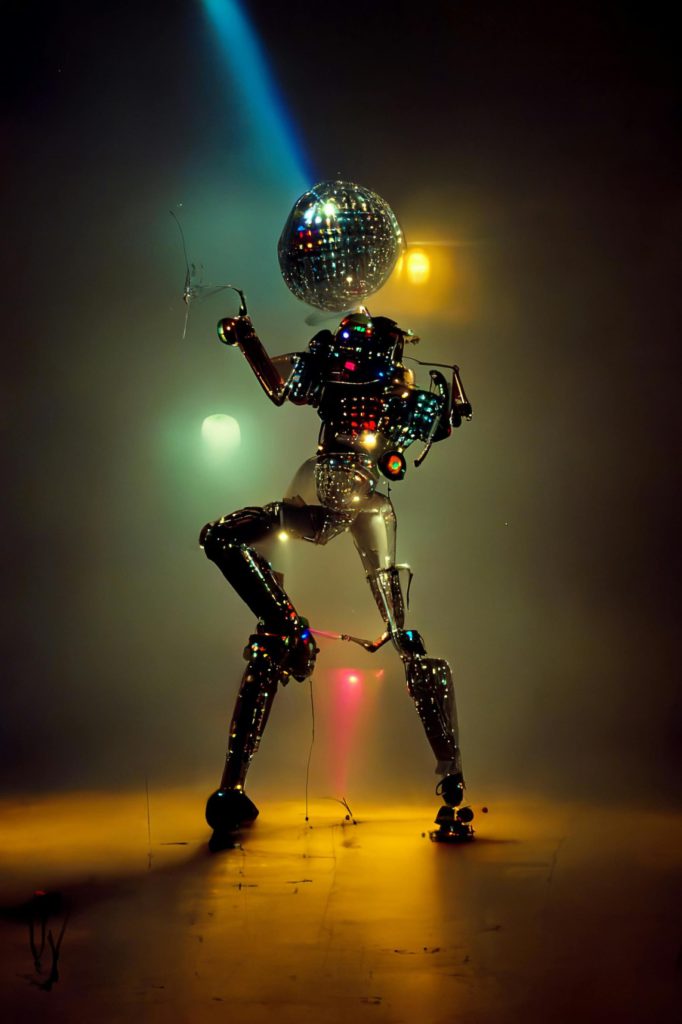 Understanding music AI generators. Photo of a robot with a disco ball head dancing under spotlights.