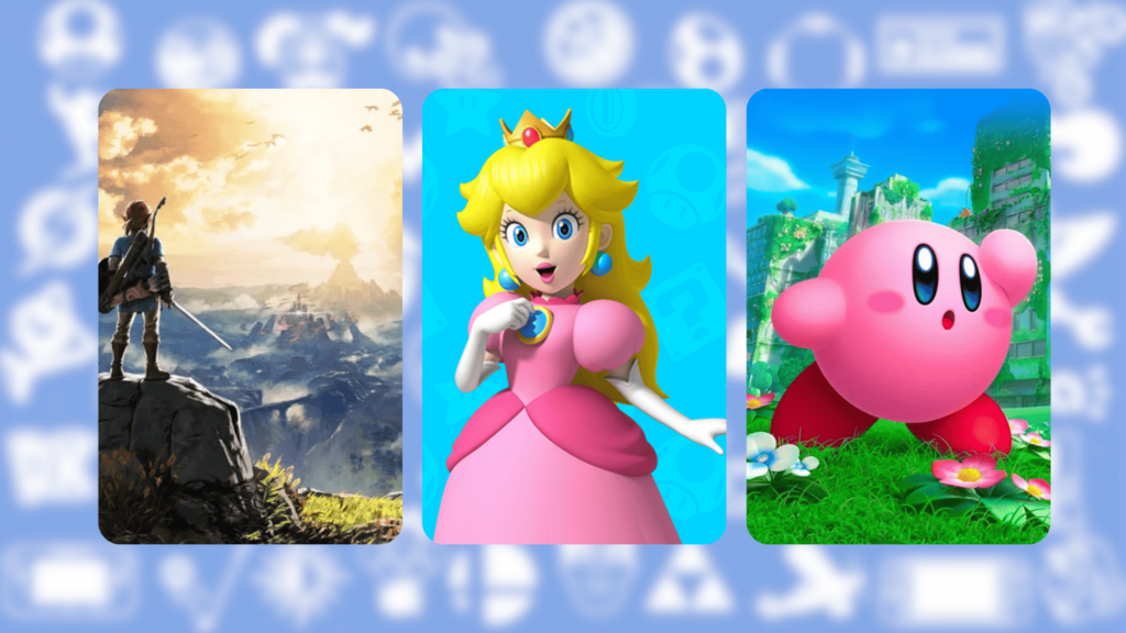 New music streaming app for Nintendo Switch online users. Nintendo themed background with Zelda, Princess Peach and Kirby in foreground. 