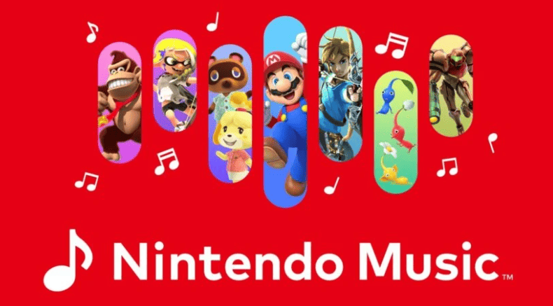 New music streaming app for Nintendo Switch online users. Red background with some music notes, in the foreground are some well-known Nintendo characters and the words "Nintendo Music".