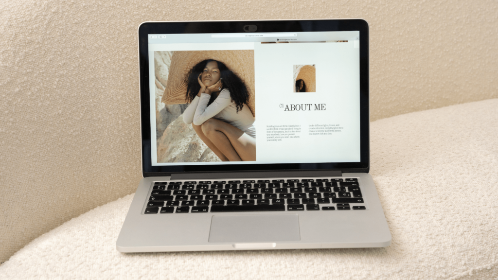 How to get brand deals with a small following. Website showing the about me section for a content creator on a laptop.