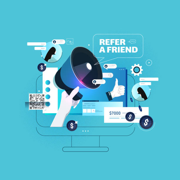 Best affiliate programmes for small creators. Blue background, graphic with "Refer a friend" coming from a computer.