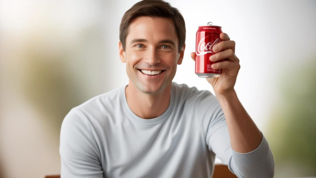 What should I charge for sponsored posts? AI image of a man holding a can of Coca-Cola up to the camera.