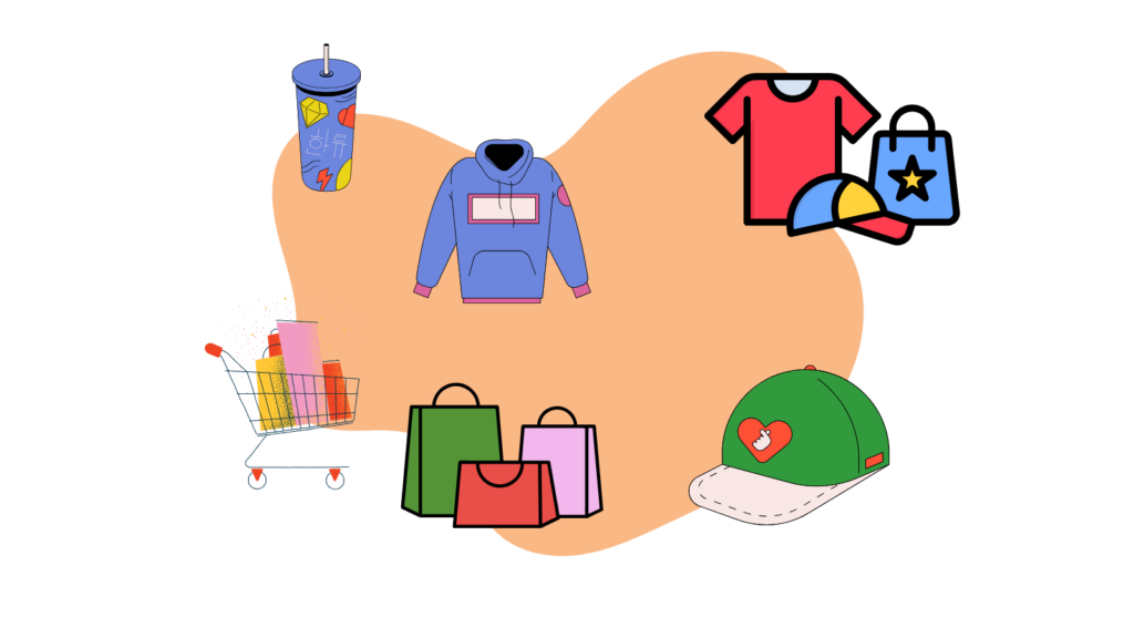 Selling merch without a big budget. Graphics of various merchandise items.