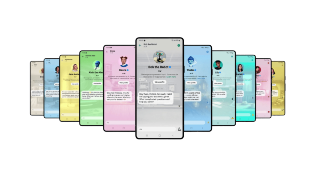 Meta AI can be used on Facebook Messenger to generate images and write messages. Photos of Meta AI in action on lots of smartphones with various coloured filters.