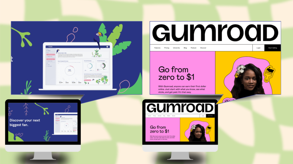 Why is PUSH.fm better than Gumroad for digital products? Graphic showing PUSH and Gumroad on computer screens with the web page zoomed in.