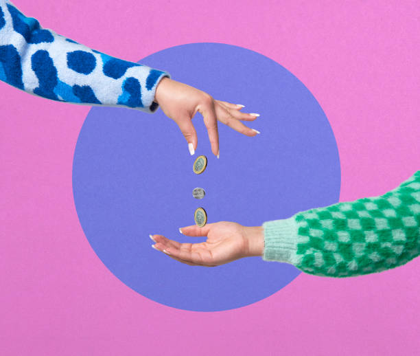 How much does Spotify pay per stream in 2025? Graphic of purple circle against pink background. Hand dropping coins into another hand.