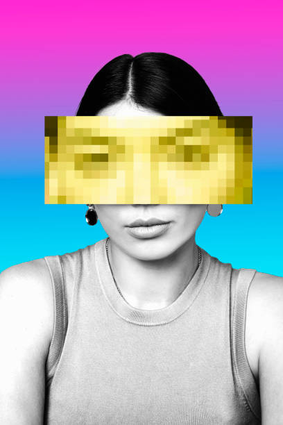 What apps do influencers use to edit their photos? Photo of a girl in black and white, over her eyes is a pixelated, oversized pair of eyes.