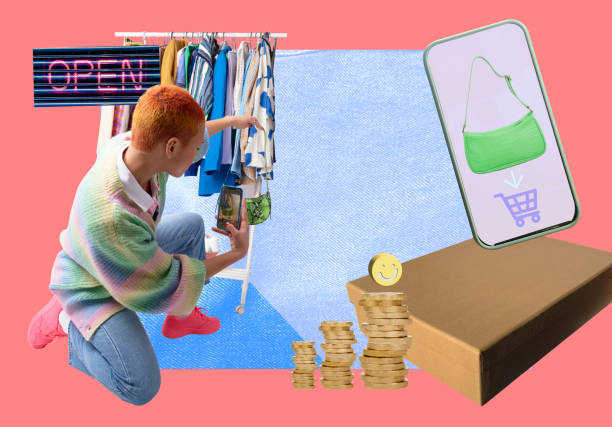 How to create a digital styling portfolio. Photo of someone taking photos of clothes, surrounded by graphics of selling clothing.