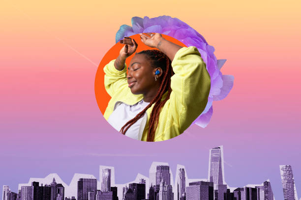 How do I discover new music based on my taste? Skyline at bottom of page. Ombre pastel colours. Photo of a girl with earphones in in centre.