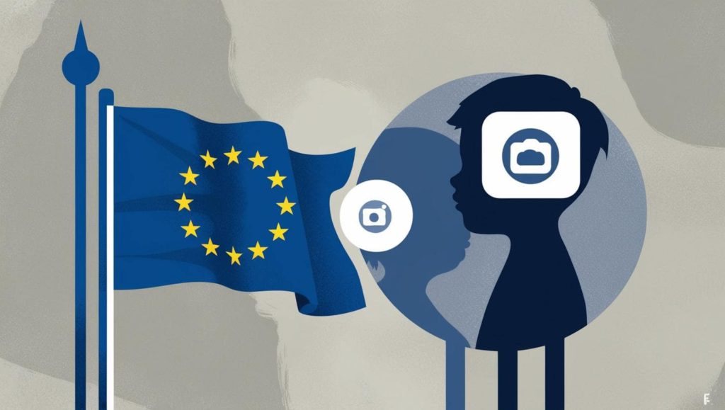 The European Union's fight to ban children from social media. Graphic of the EU flag with a silhouette of children and social media icons.