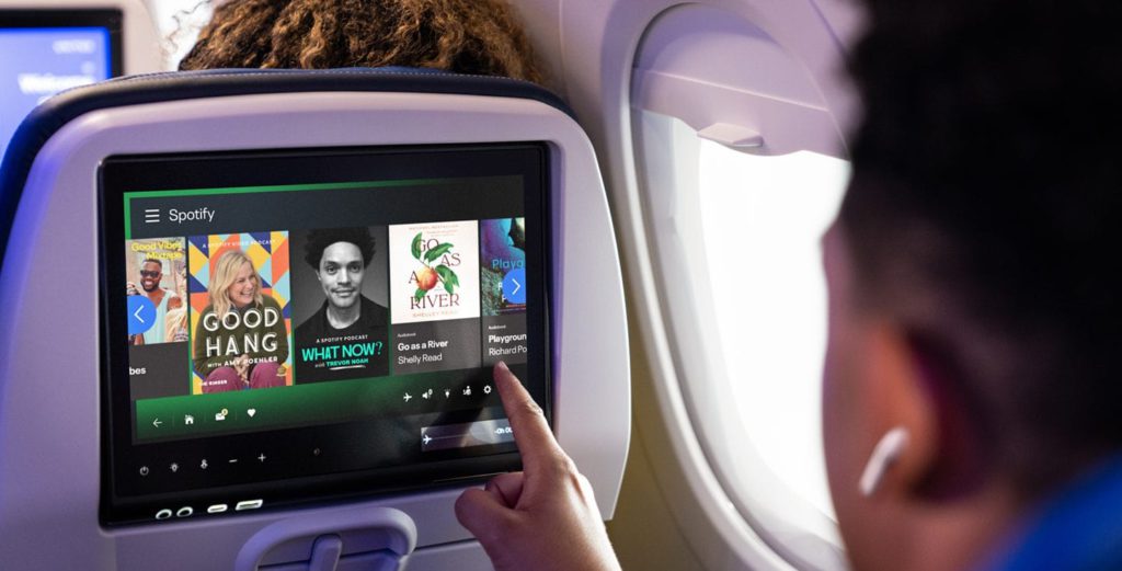 Spotify introduce in-flight entertainment to United Airlines. Photo of the platform on a flight.