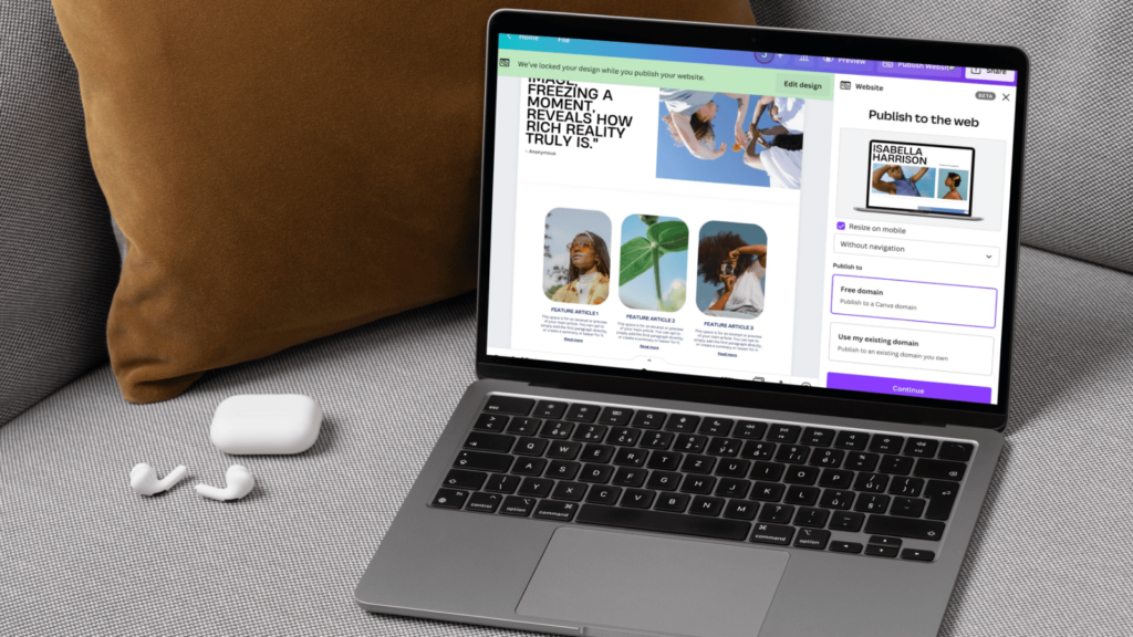 Canva for musicians: how to create album art, promo posts & lyric graphics. Photo of Canva loaded on a laptop.