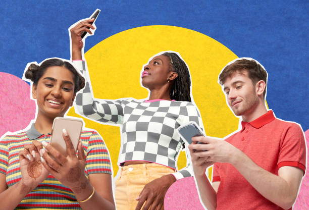 Social media trends to watch this year. 3 people on their phones engaging in social media.