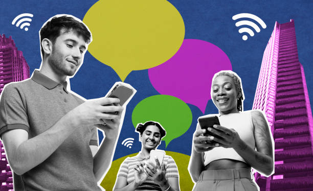 Imperfect but posted: why done is better than perfect. Photo of multiple people using smartphones, speech bubbles and other graphics coming from them.