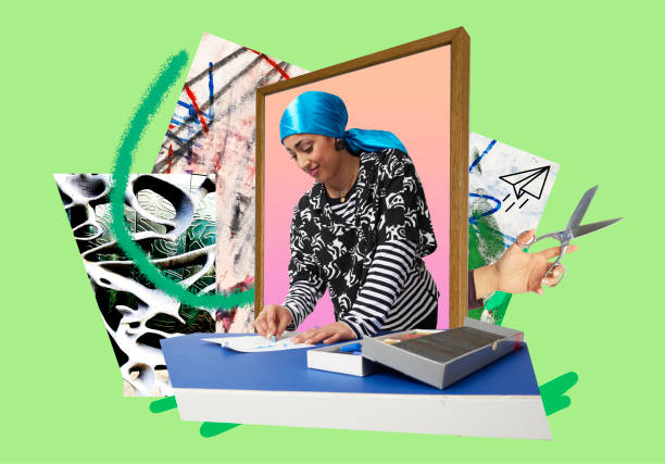 How do I come up with content ideas for my business? Photo of a woman drawing on paper, surrounded by graphics of creative roles.