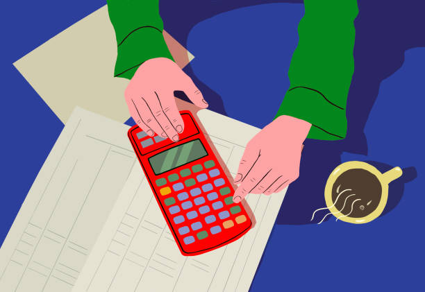 Budgeting for ads: how much should you spend? Graphic of birds eye view of hands holding a calculator with a coffee and paperwork.
