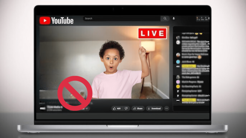 Live streamers will need to be 16 or over to use the feature on YouTube, as the age limit increases. Photo of a child with a shocked face pointing up at the YouTube Live button.