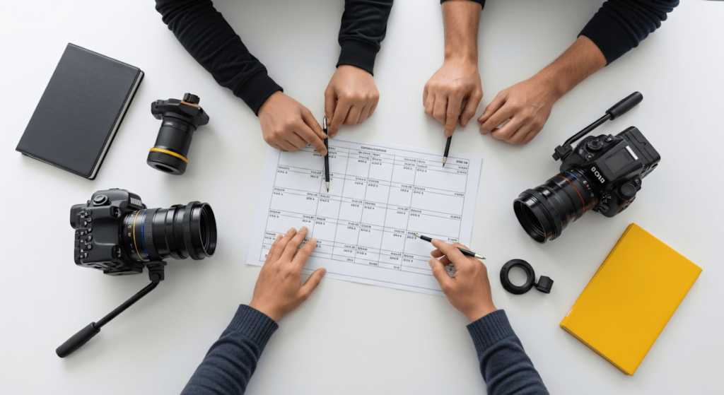 Technical issues: the hidden frustrations behind content creation. Photo of multiple hands inputting into a project with cameras around.