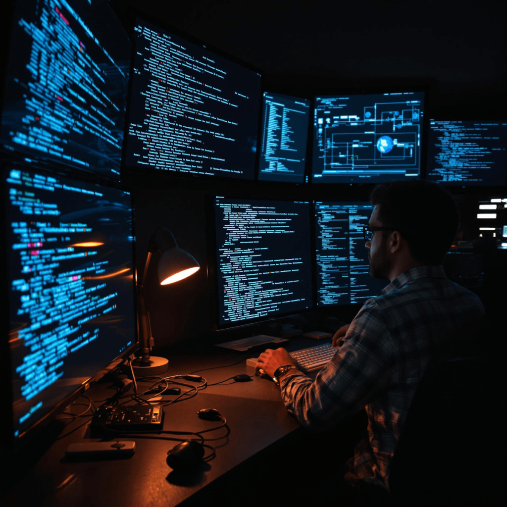 How to choose the right [software/tool/API] for your business. Photo of a man sat at a desk with lots of screens in front of him, he is a developer.
