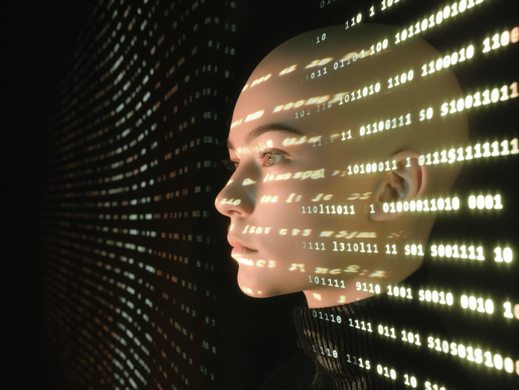 Algorithm & platform challenges: navigating the ever-changing rules of social media. Person's face peeking through data codes.