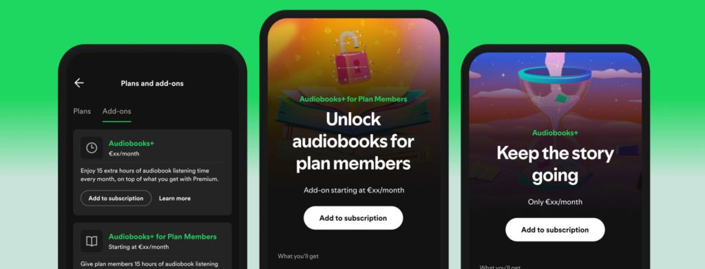 Spotify Premium introduce Audiobooks+ to help the publishing industry. Graphics of the new feature.