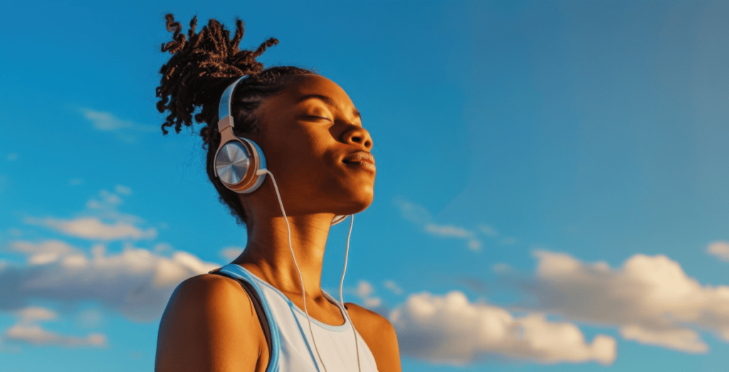 The globalisation of sound: why genres don’t matter any more. Photo of a girl listening to music through headphones, with clouds behind her. 
