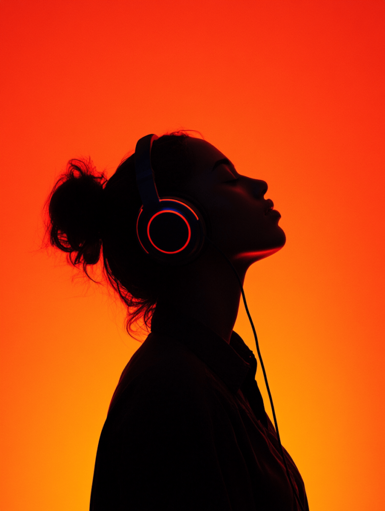 Top 10 most common Spotify issues—and how to fix them fast. Orange ombre background, silhouette of person with headphones on.