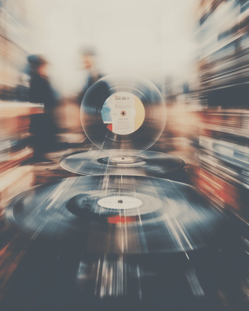 Why 90s R&B still feels timeless. Blurred photo of vinyls.