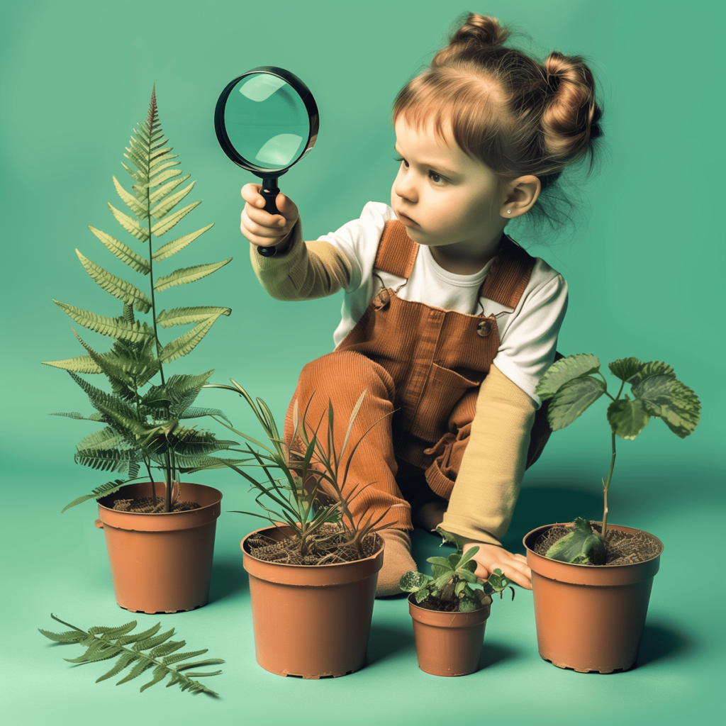 Why do we outgrow our favourite songs? Photo of a little girl with a magnifying glass, next to multiple potted plants.