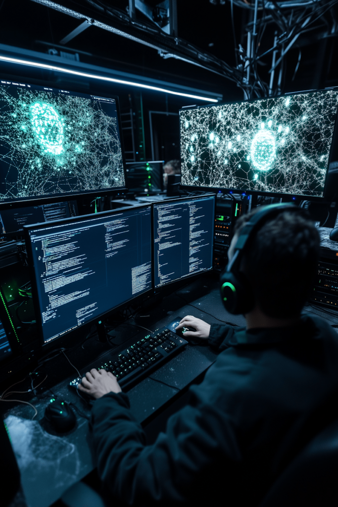 How do I recover a hacked Facebook account? Photo of a person hacking into computers.