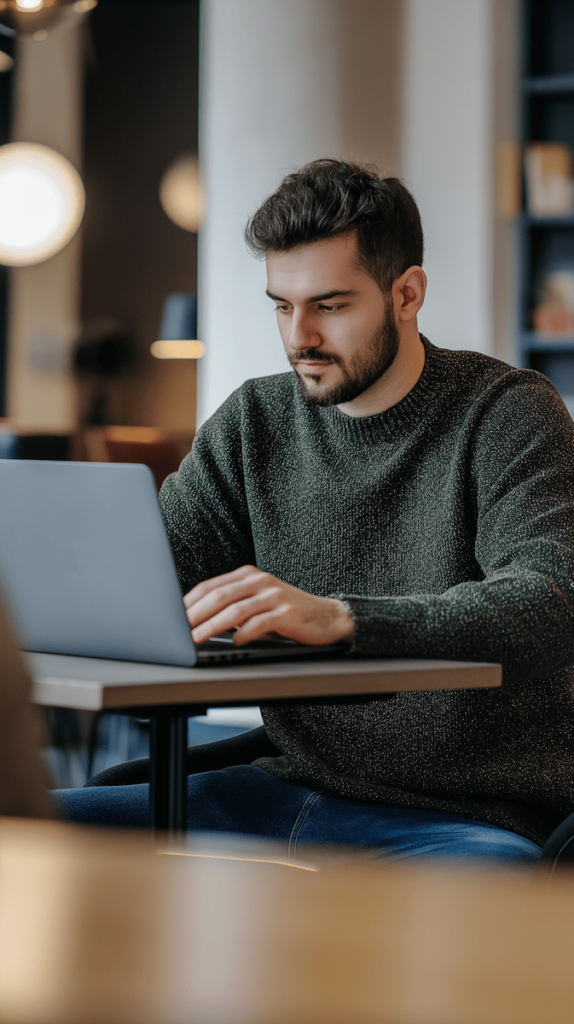 How to blog consistently when you’re busy. Photo of a man sat at a desk on a laptop.