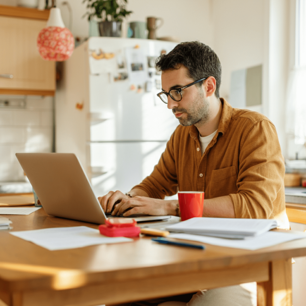 How to write your first blog post without overthinking it. Photo of a man sat at a table working on a laptop.