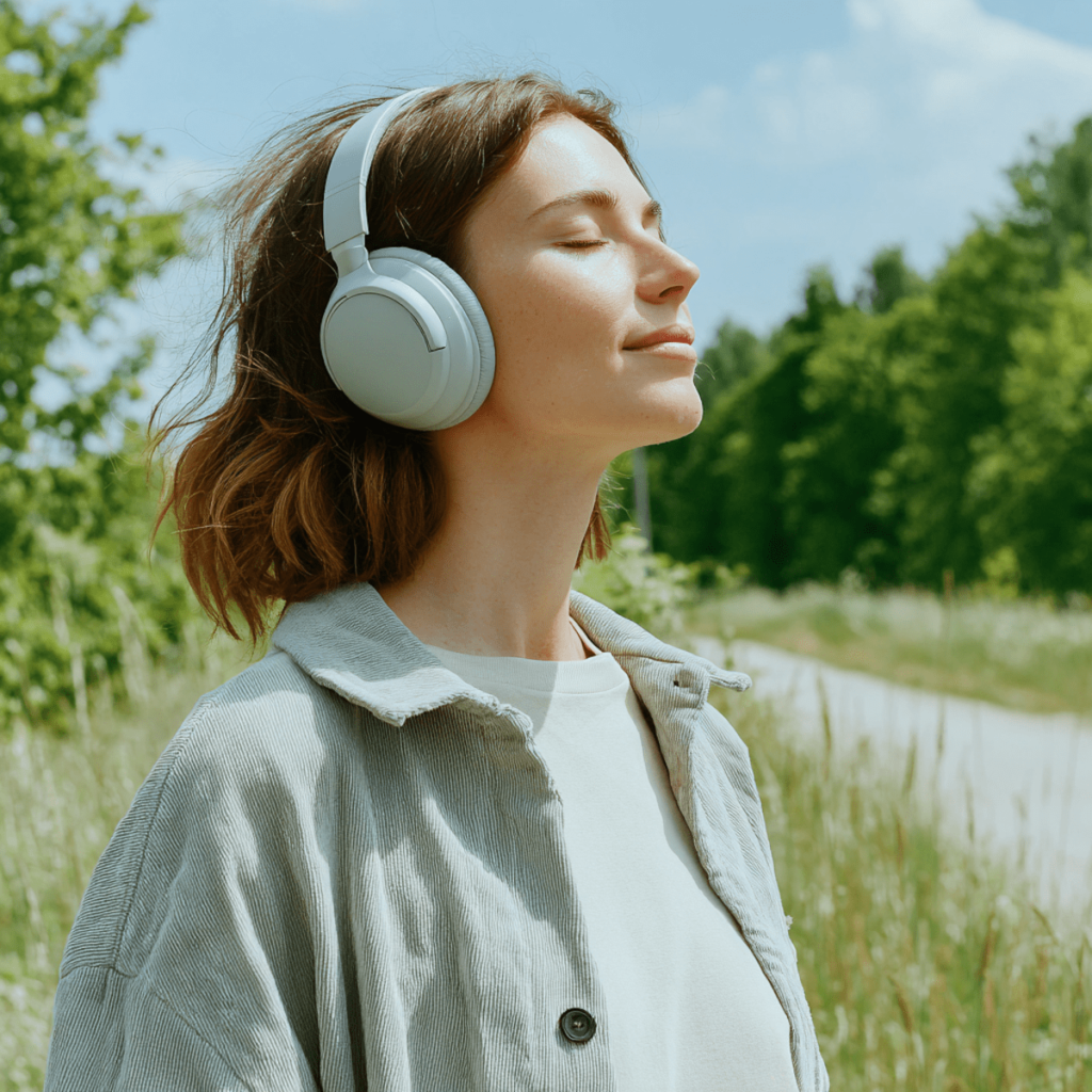 Spotify removes shuffle-only feature from free accounts. Photo of a woman listening to music out on a walk.