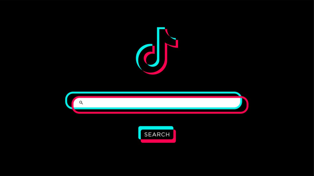 How to use TikTok’s search bar to find trending ideas. TikTok colours, showing a search bar with the TikTok logo.