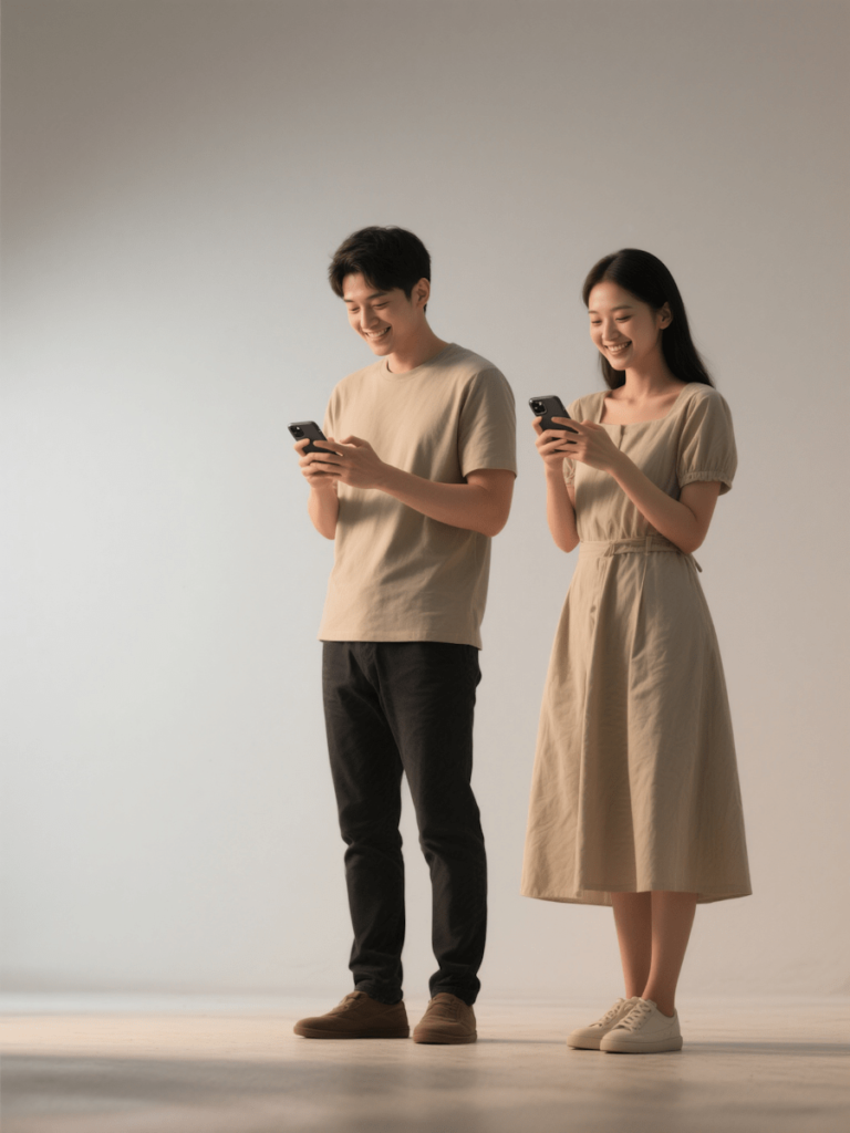 Unpacking the digital giants: a look at global social media trends. Photo of two people stood next to each other on their phones smiling.