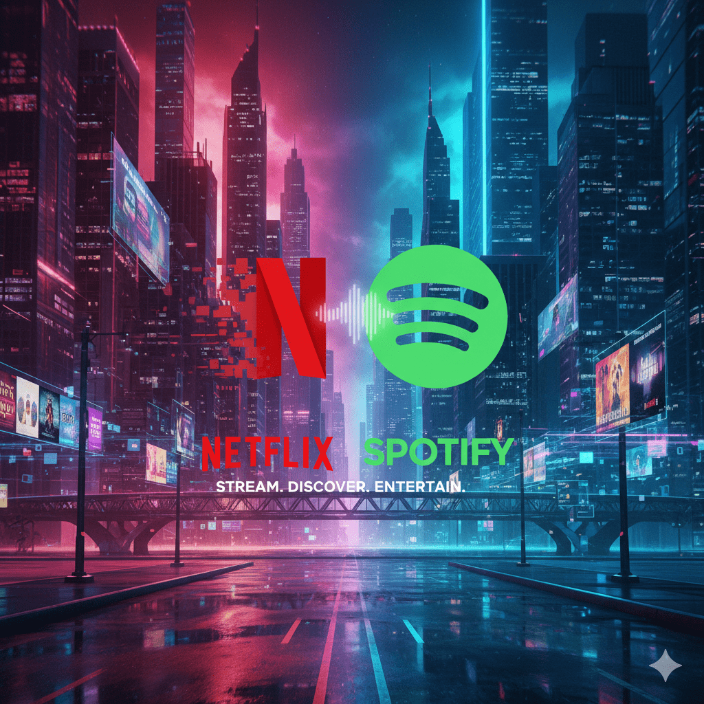 Netflix and Spotify collaborate to bring video podcasts to streaming services. Graphic showing Netflix and Spotify logos, next to each other as the two worlds combine.
