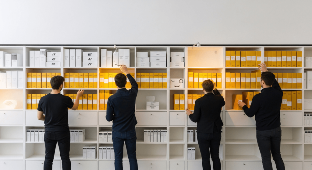 Why batching content can change the way you market your work. Photo of people adding folders to shelves.