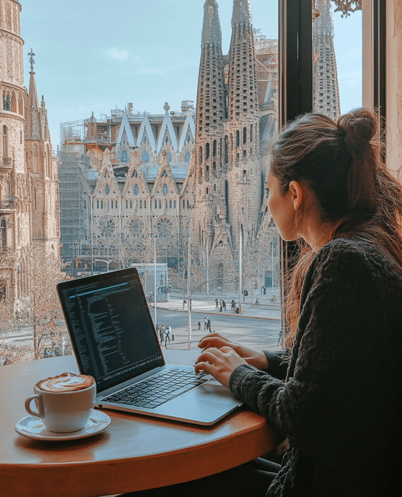 Streaming vs downloads: what matters most for small creators today? Photo of a girl sat at a table with coffee on her laptop downloading data, with a window view of a cathedral. 