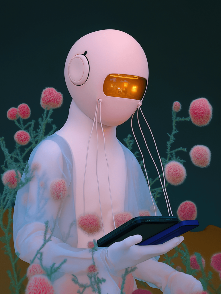 AI tools that make social media content way easier to create. Photo of a robot attached to a smartphone.