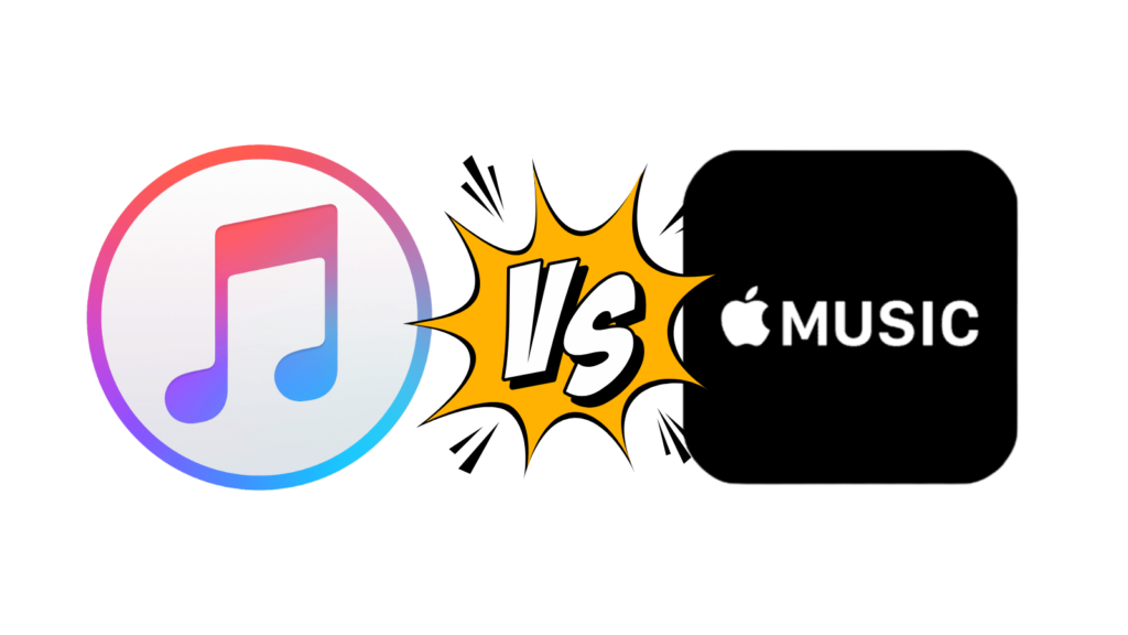 What is the difference between iTunes and Apple Music? Photo of iTunes logo with VS graphic in the center, followed by the Apple Music logo.