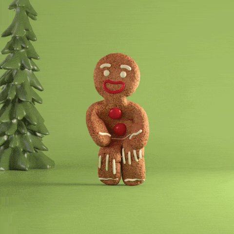 Christmas playlist challenge: no repeats, no clichés. GIF of gingerbread man dancing.
