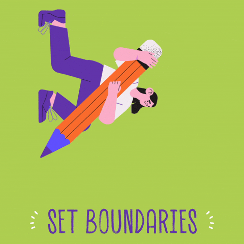 Setting healthy boundaries online. GIF of a cartoon person drawing a line with a giant pencil.