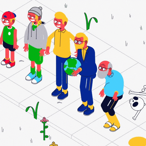 How different generations use social media differently. GIF of different generations passing a globe around.