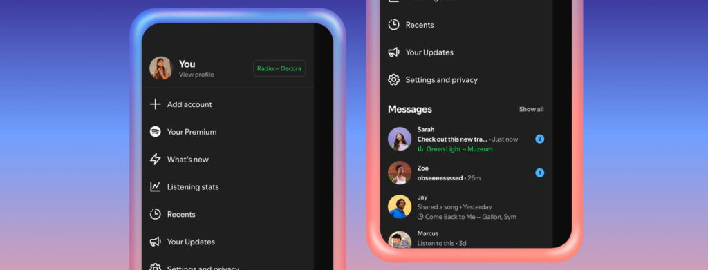 Spotify introduce two new Messages features - Listening activity and Request to Jam. Graphics showing the new features.