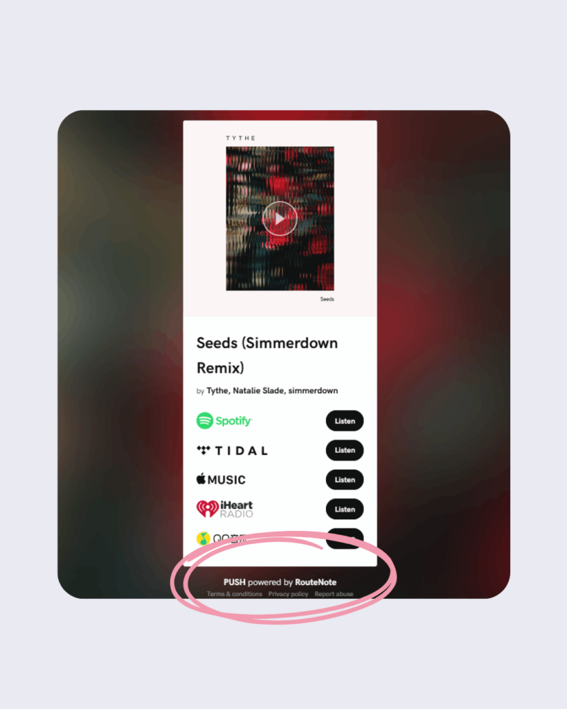 White-label your Smart Links through PUSH.fm. Pink circle around the wording.