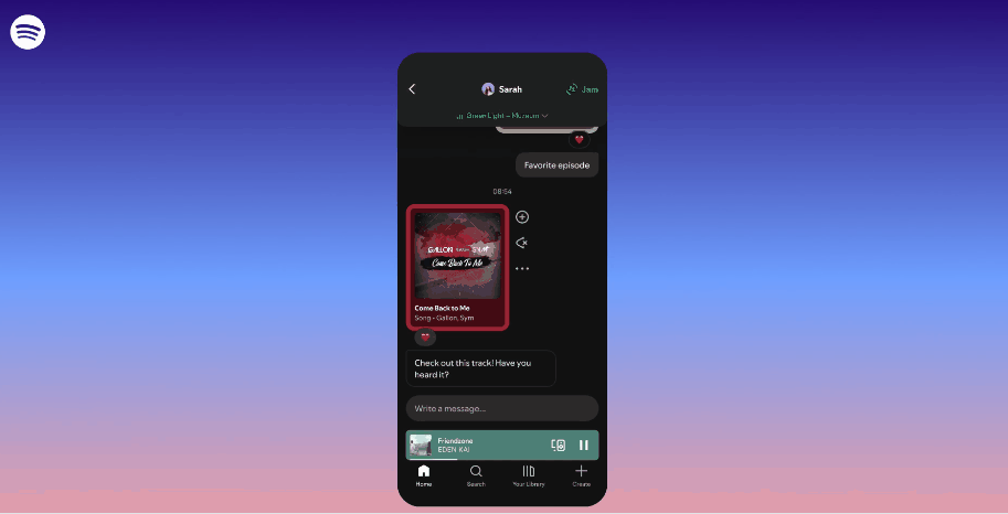 Spotify introduce two new Messages features - Listening activity and Request to Jam. GIF of the Request to Jam feature.
