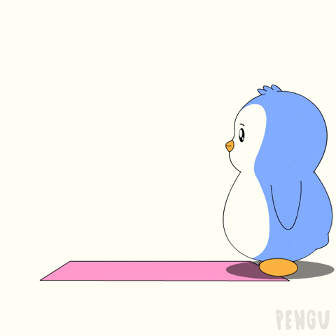 Balancing music with a “real job” GIF of cartoon penguin doing handstand on yoga mat.