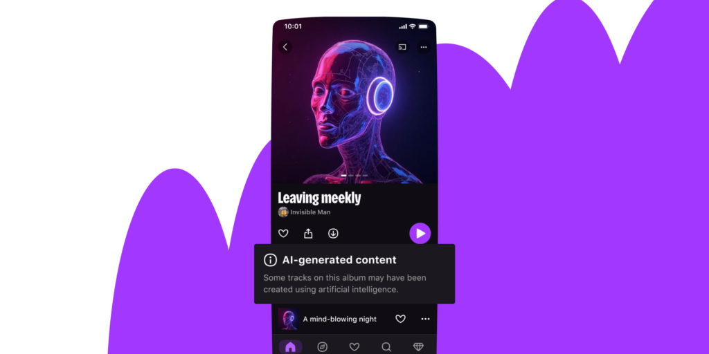 Deezer reports 60,000 AI-generated tracks uploaded daily. Graphic showing AI detected label on a Deezer track.