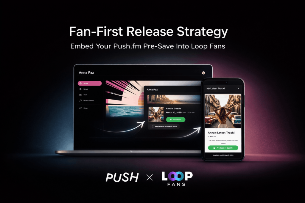 Build a free artist website around your PUSH.fm Pre-save. PUSH x Loop graphics.