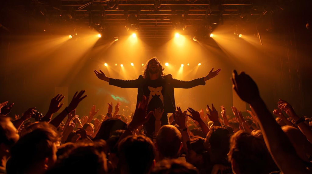 How the internet creates global fanbases. Music artist stood at the front of a stage in front of fans.